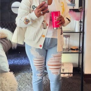 White Cardigan with Yellow and Blue Patches